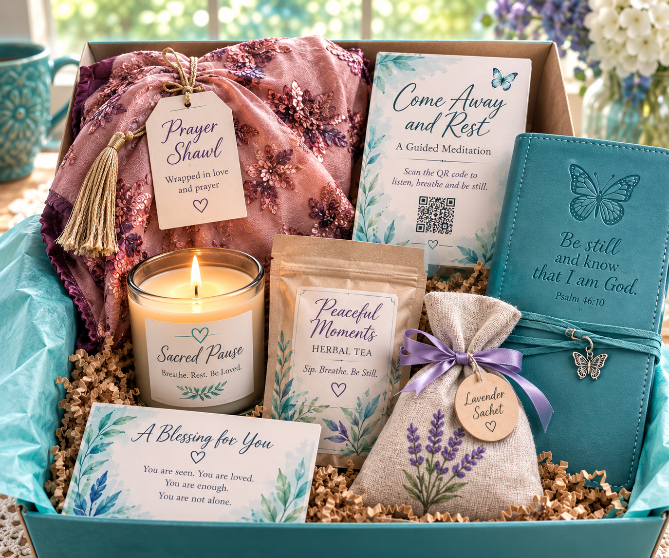 A Sacred Rest at-home retreat box with candle, fabric, and journal